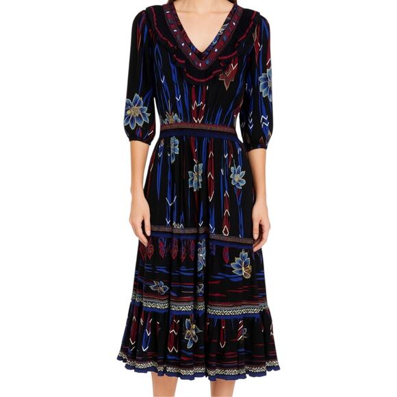 VTG Diane Freis Georgette Maxi Dress V Neck Ruffle Floral Smocked Multicolor XL - Picture 1 of 6